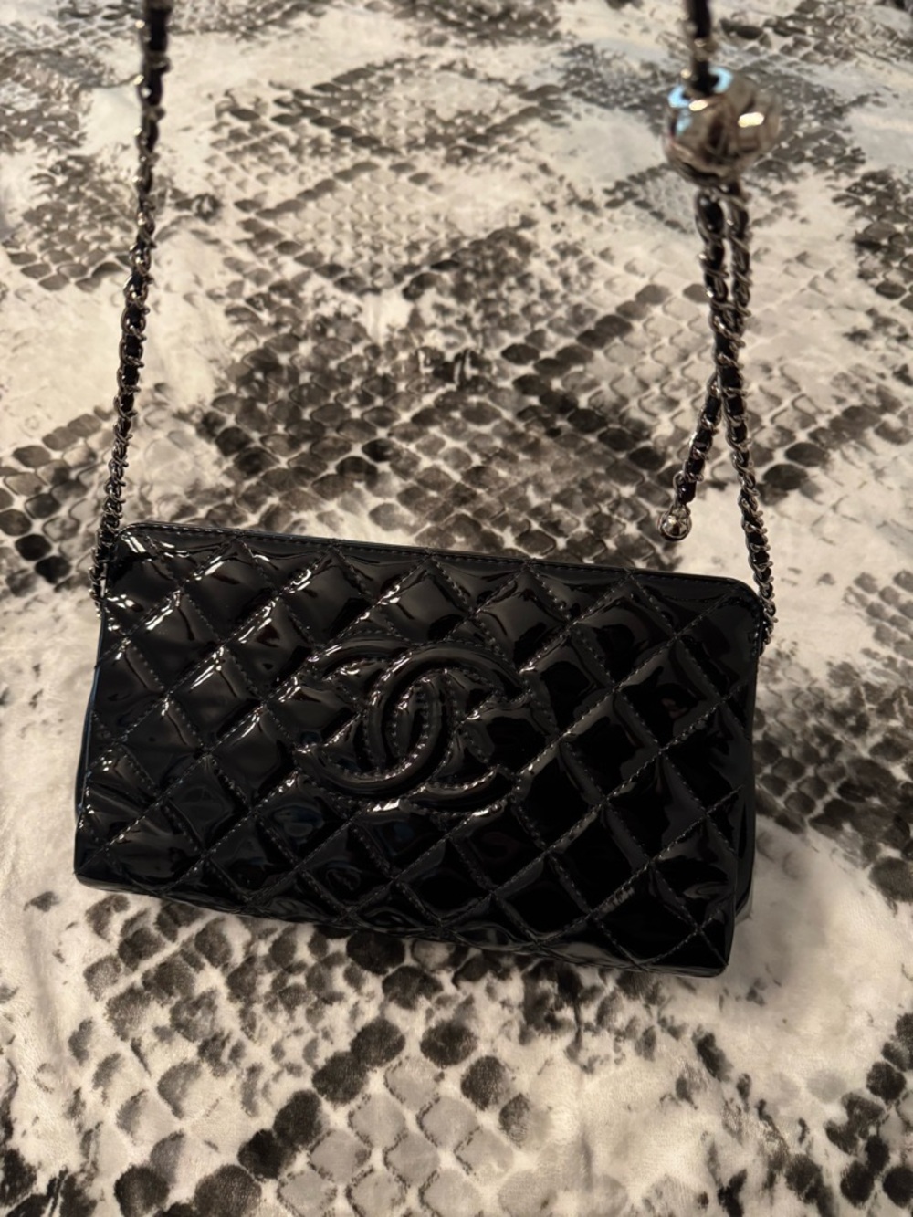 CHANEL Timeless Quilted Patent Leather Clutch with CC Logo